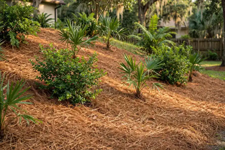 Pine straw mulch spread on a gentle slope around shrubs in a Florida yard