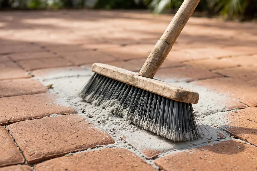 Sweeping polymeric sand into the joints of newly reset pavers