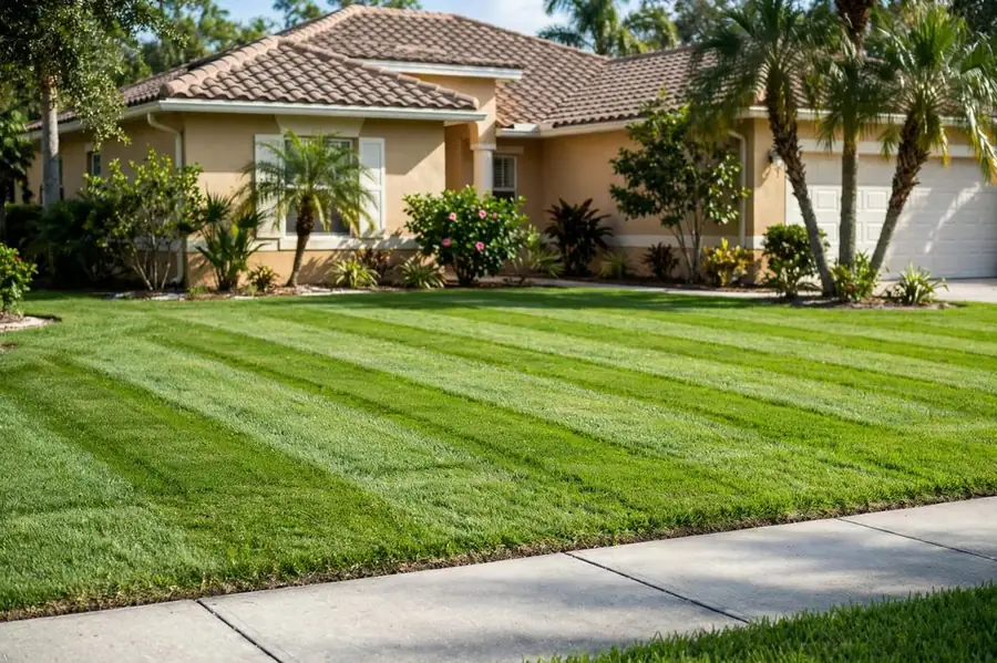 Freshly mowed and edged St. Augustine lawn with crisp stripes in Palm Coast, FL