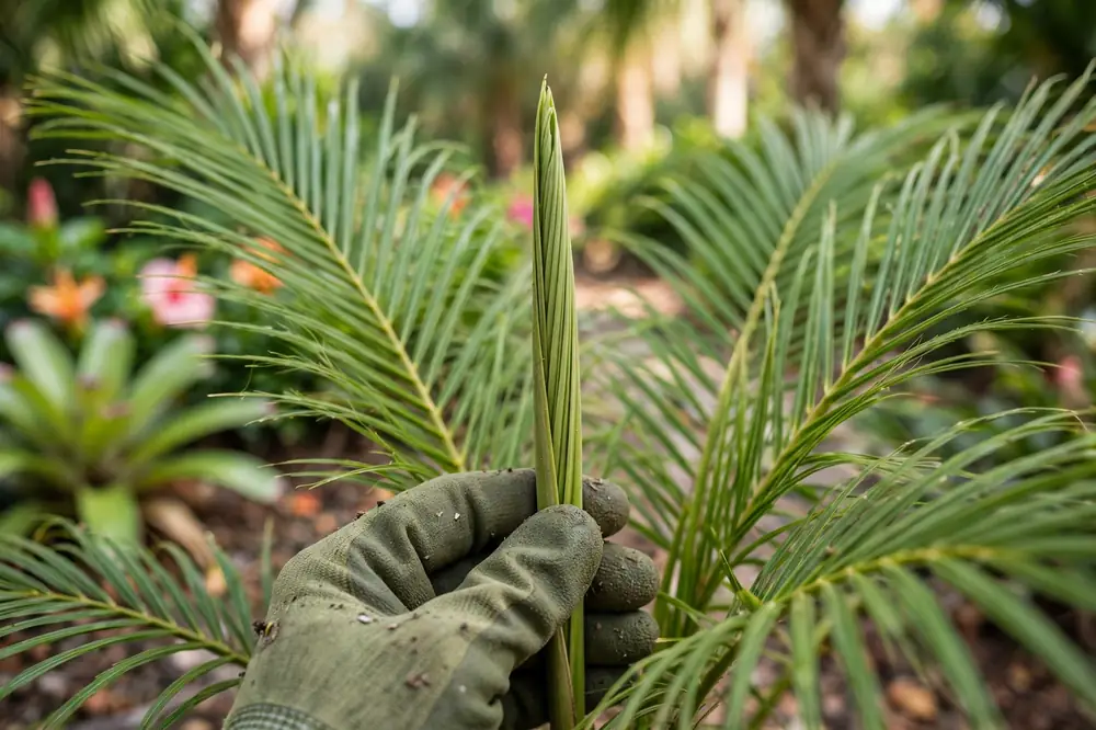 Gloved hand holding the upright green spear leaf in the center of a young palm