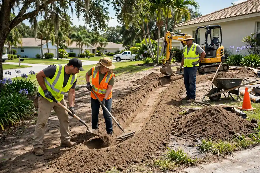 Crew regrading a yard slope with a drainage swale in Florida