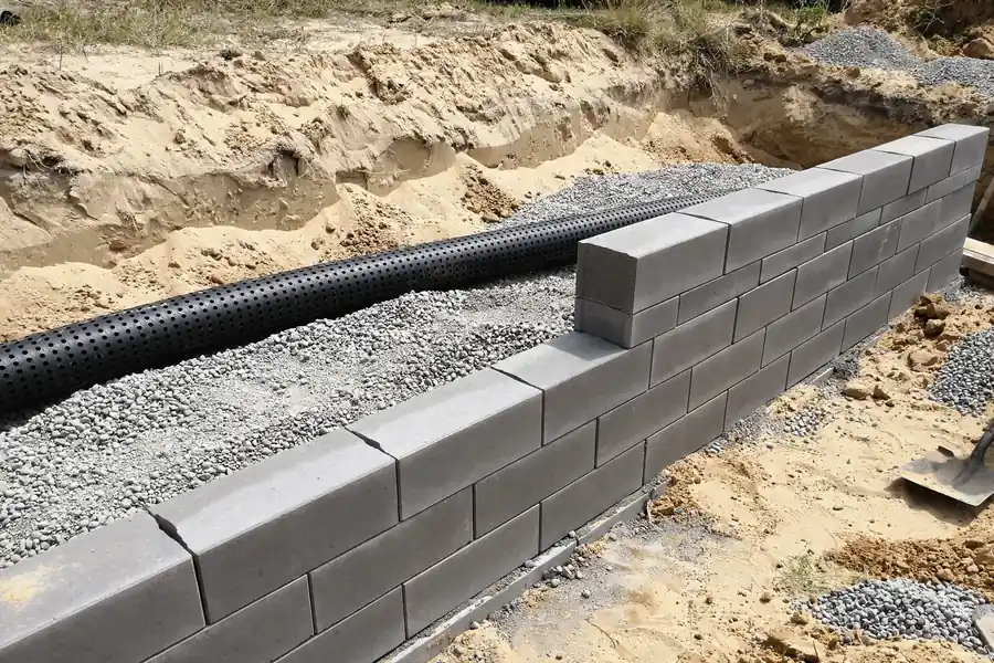 Drainage gravel and perforated pipe behind a retaining wall during repair