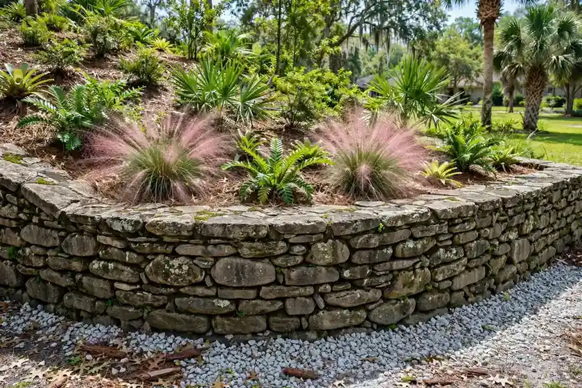 Stone retaining wall controlling erosion on a landscaped slope