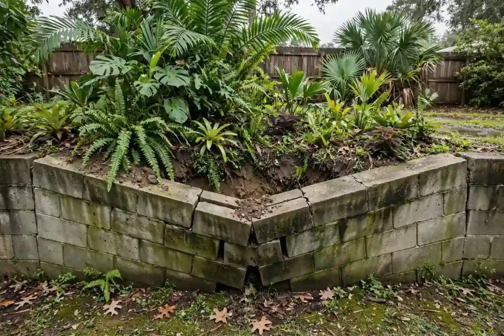 Cracked and leaning retaining wall in a Florida yard