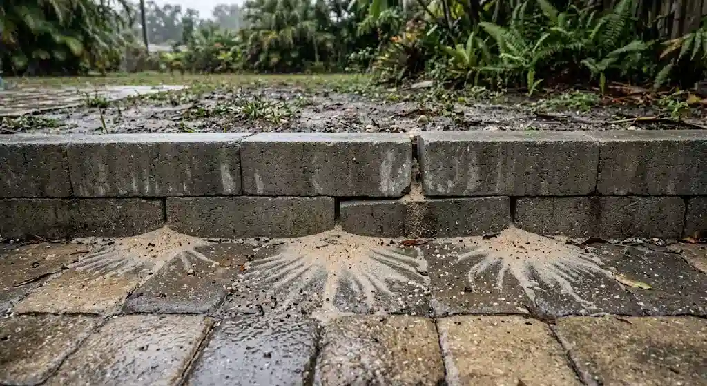Sand washed out from the joints of a low gray concrete block retaining wall and fanned out across wet pavers after heavy rain in a Florida yard