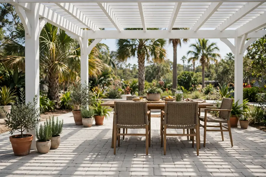 Shaded paver patio under a white pergola in a Florida backyard