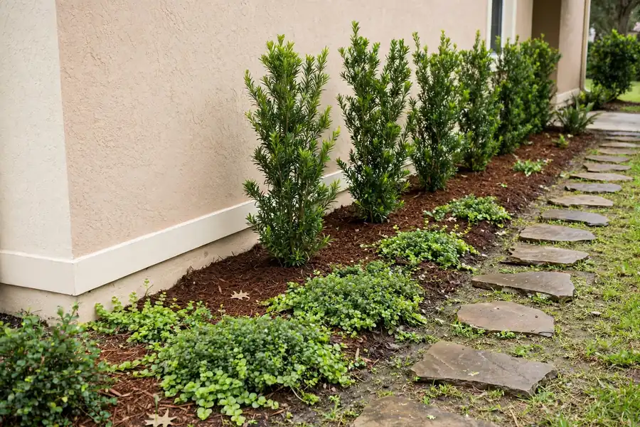 Narrow garden bed with layered plants and mulch along the side of a Florida home