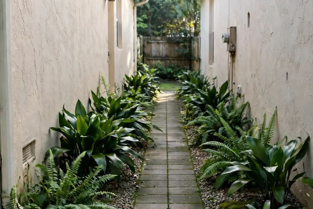 Side yard of a Florida home with a paver path and shade plants
