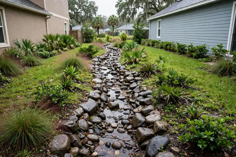 River rock dry creek bed running through a side yard swale