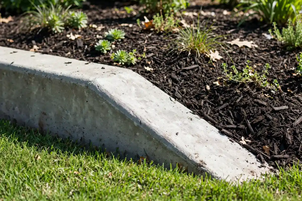 Slant style concrete curbing holding mulch in a flower bed