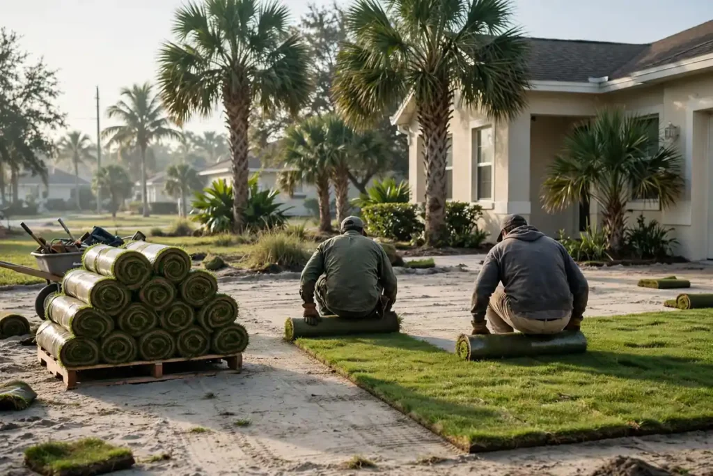 Crew laying fresh St. Augustine sod in a Florida front yard