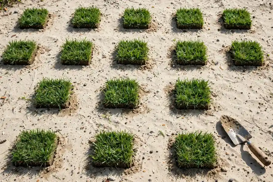 St. Augustine plugs planted in a grid across a bare lawn patch