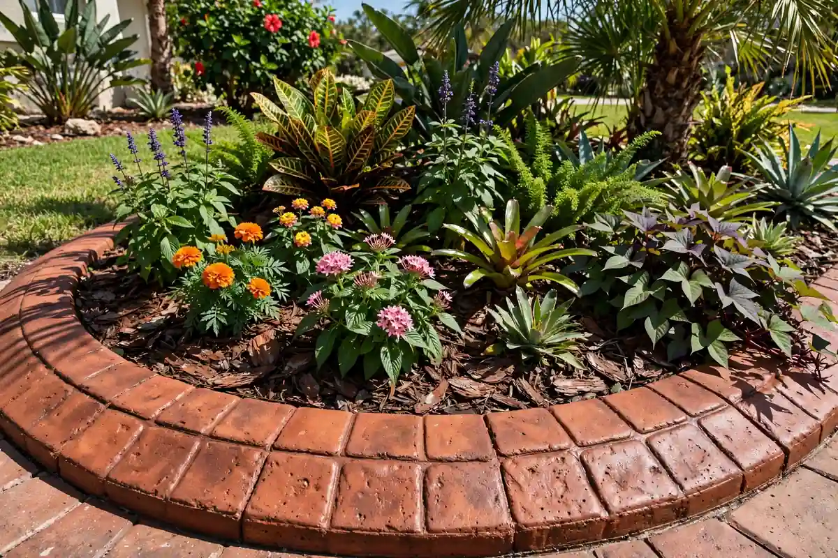 Stamped and colored decorative concrete curbing with brick pattern