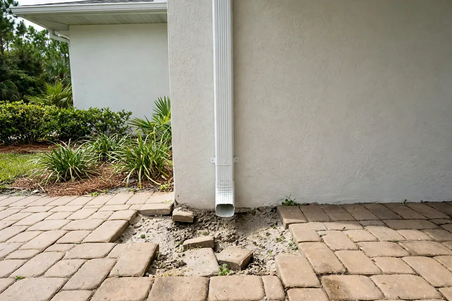 Downspout draining onto pavers next to a sunken area