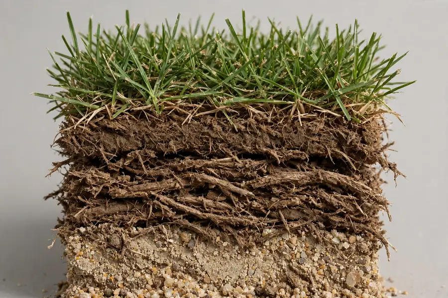Cross-section of St. Augustine turf showing the thatch layer above sandy soil
