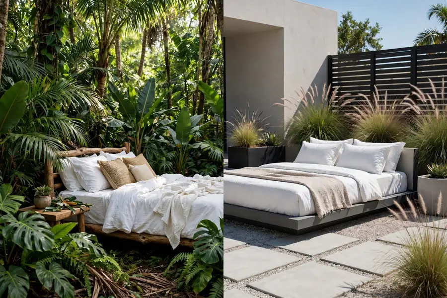 Tropical landscape with palms beside a modern landscape with clean lines