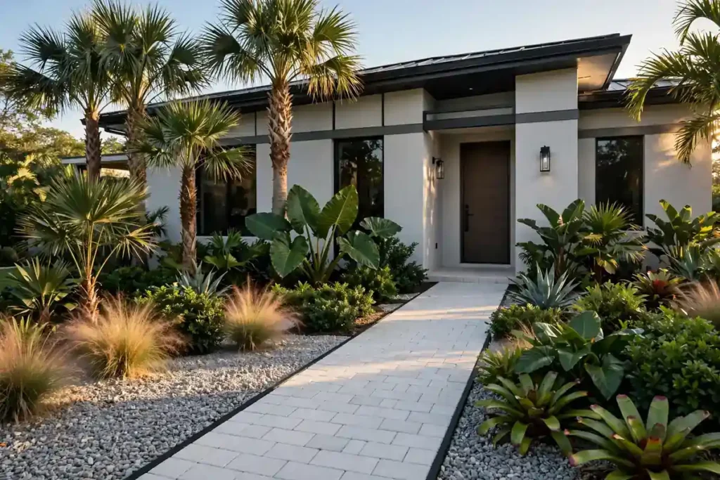Types of landscaping styles shown in a Florida front yard with palms, pavers, and layered plants