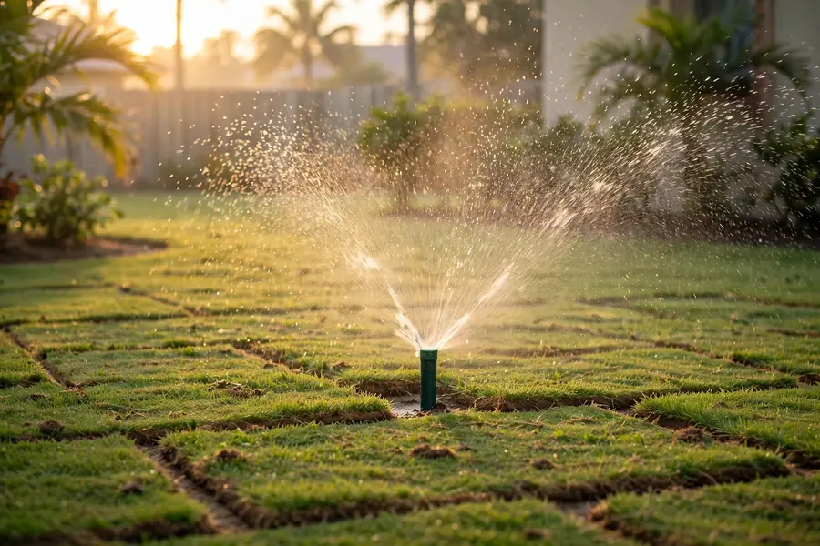 Sprinkler watering a new sod lawn in the early morning