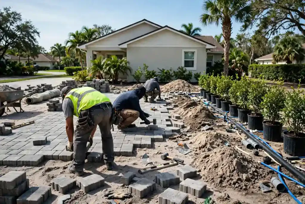 Landscape crew building a paver patio and planting beds at a Florida home