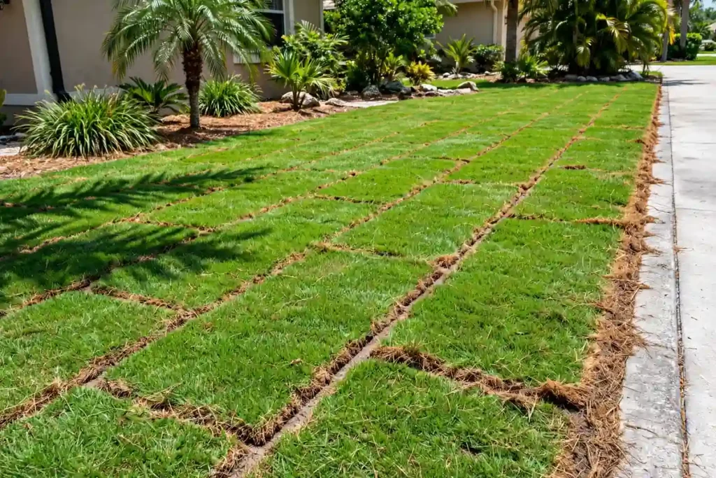 New St. Augustine sod with brown, dry patches along the seams